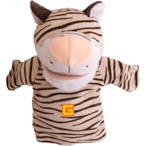 A plush tiger hand puppet with striped fabric and a smiling face, featuring a logo on the front.