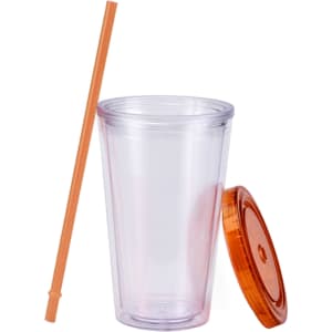 A clear plastic cup with an orange lid and matching straw, suitable for beverages.