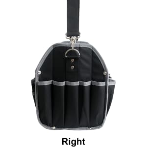 A black tool carrier bag with multiple pockets, featuring a strap and a ring for attachment. It has a logo.
