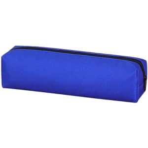A blue pencil case with a zip closure, featuring a simple rectangular design. It has a logo on it.