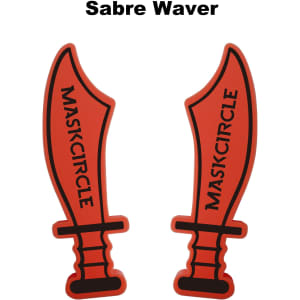 Two red promotional Cheersticks shaped like sabres, featuring a black logo, with a bold design ideal for events.