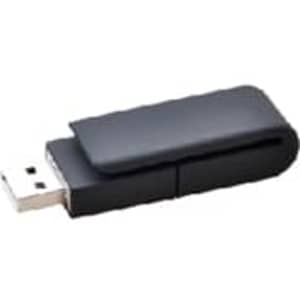 A black clip flash drive with a USB connector attached, featuring a simple and sleek design.