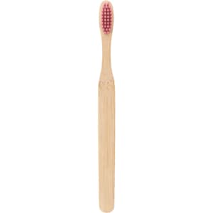 A large flat handle toothbrush with a bamboo body and a pink bristle head, featuring a logo.