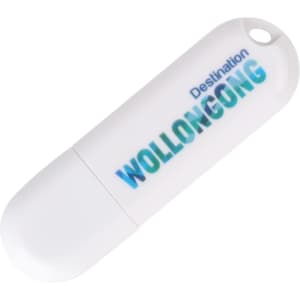 A white flash drive with a rounded cap and a logo featuring the word "Wollongong" in blue and green.