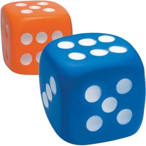 Two stress reliever dice, one orange and one blue, with white dots on each face. Includes a logo.