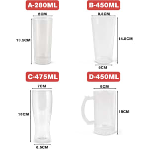 Four transparent glassware items in varying sizes: A-280ml, B-450ml, C-475ml, and D-450ml, each featuring measurement details.