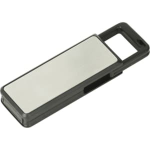 A sleek black and silver click action flash drive with a metal finish and a loop for attachment.