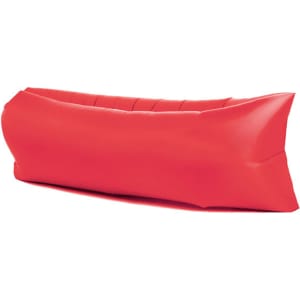 A red inflatable lazy bed with a sleek, curved design, featuring a logo on one side.