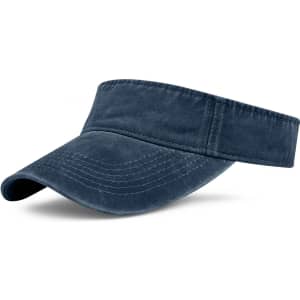 A washed sun visor in dark blue with a wide brim and an adjustable band. It features a subtle logo.