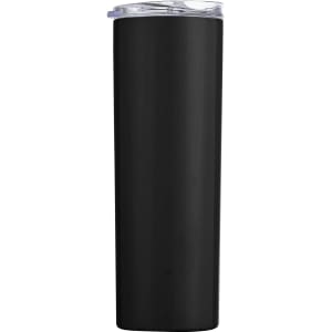 A drink bottle in matte black, featuring a U-shaped design, double wall insulation, and a clear lid.