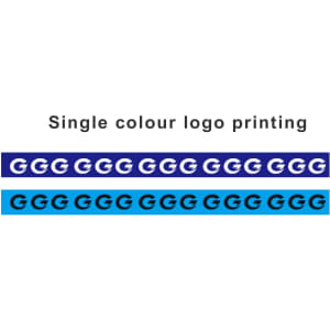 Two strips of packaging tape in navy blue and light blue, featuring a repeating logo pattern.
