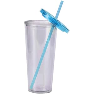 A 24oz clear plastic cup with a blue lid and matching straw, ideal for beverages.