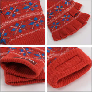 Fingerless gloves in red with blue and white jacquard patterns, featuring a logo on the cuff.