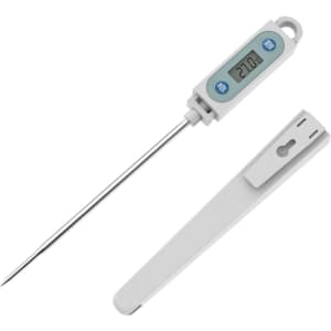 An instant read meat thermometer with a long stainless steel probe and a digital display, in white and light blue.