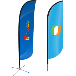 Large convex feather banners in blue with a stand, featuring a logo and a vibrant design.