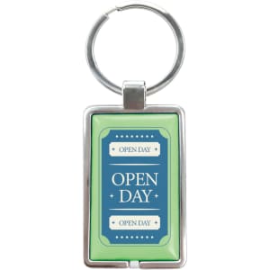 A rectangular NFC epoxy tag in green and blue, attached to a metal keyring, featuring a logo.