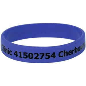 A blue silicone wristband featuring black text and a logo. Suitable for exhibitions and events.