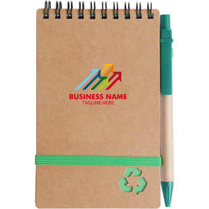 A brown spiral notebook with a green pen attached, featuring a logo on the front and a green elastic band.