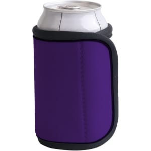 A drink bottle holder in vibrant purple with a grey trim, designed to fit standard cans.