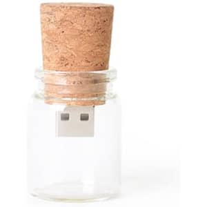 A glass bottle with a cork stopper containing a USB flash drive. The bottle is clear with a natural cork top.