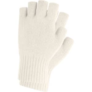 A pair of plain knitted fingerless gloves in white, featuring a woven label, designed for adults.