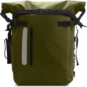 A waterproof roll top backpack in olive green with adjustable straps and various pockets. Features a logo.