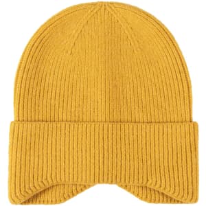 A yellow earflap beanie with a ribbed texture and a folded cuff. It features a branding logo on the side.