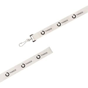 A white paper yarn lanyard featuring a clip and a repeated logo design in black.