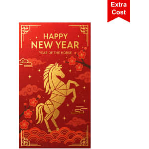 A red envelope featuring a golden horse illustration, with floral designs and decorative patterns for the Lunar New Year.