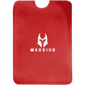 A red RFID card protector sleeve with a logo on the front. The sleeve has a top cut-out for easy access.