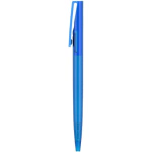 A blue plastic pen with a transparent barrel and a clip at the top. The pen features a logo on the barrel.