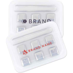 A set of six stainless steel ice cubes in a clear case, featuring a logo on the packaging.