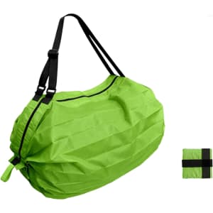 A foldable shoulder bag in vibrant green, featuring adjustable straps and a compact folded version beside it.