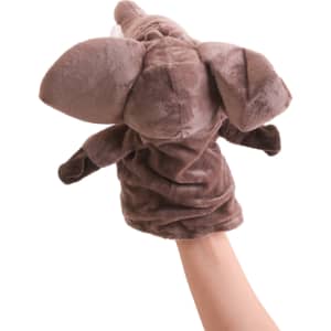 A grey plush elephant hand puppet with large ears and a soft texture, held up by a hand.