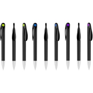 A set of black barrel pens with coloured accents on the clips and silver tips. Features a logo on some pens.