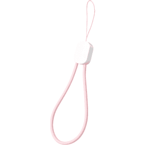 A pink phone strap with a white connector, featuring a loop for easy attachment.