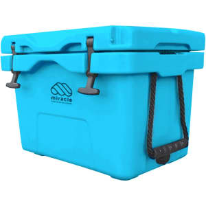 A turquoise 25L cooler box with a secure lid, featuring a branding logo and sturdy handles.