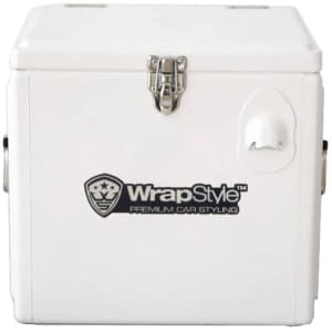 A white metal cooler box with a locking mechanism and a side handle. It features a logo on the front.