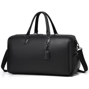 A black polyurethane duffle bag with durable handles and a detachable shoulder strap. Features a logo.