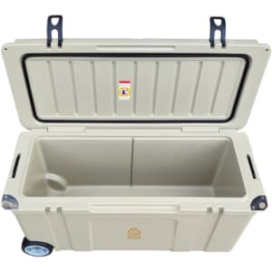 A 120L cooler box in cream colour with wheels, featuring a spacious, divided interior and a lid for easy access.