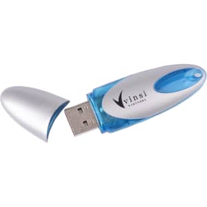 A blue and silver flash drive with a removable cap and a logo on the side.