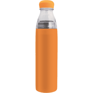 A drink bottle in vibrant orange stainless steel with a clear top, featuring a logo on the side.