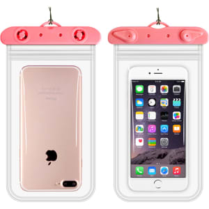 A clear waterproof mobile pouch with a pink top, featuring a phone inside and a branding logo.