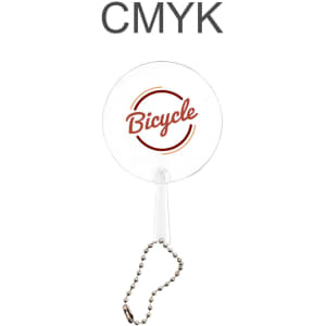 A transparent mini PVC hand fan with a keychain, featuring a circular design and red branding.