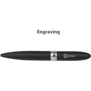 A sleek black pen with a silver band and a logo, designed for engraving.