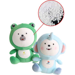 Two plush toys shaped like animals, one green frog and one blue monkey, featuring small white pellets visible in an inset.