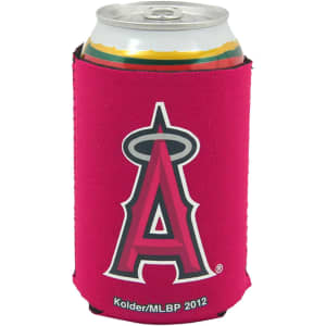 A pink stubby holder with a logo, designed to fit a standard drink can.