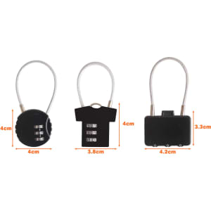 A metal coded lock set featuring three different designs in black, with varying dimensions. Each has a locking mechanism.