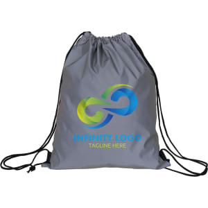 A grey reflective drawstring bag with a logo and coloured design. Features black drawstrings for closure.