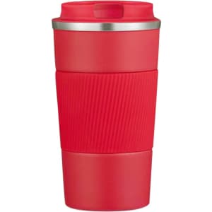 A travel mug in bright red with a ribbed silicone grip and a stainless steel lid. It features a logo.